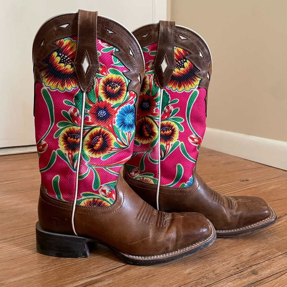 Ariat Brown and Pink Floral Cowboy Boots - Picture 2 of 5